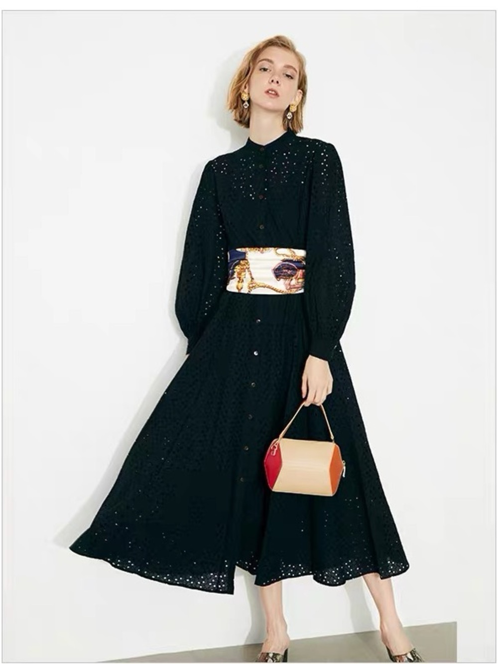 Lilybrown Elegant Black Eyelet Midi Dress